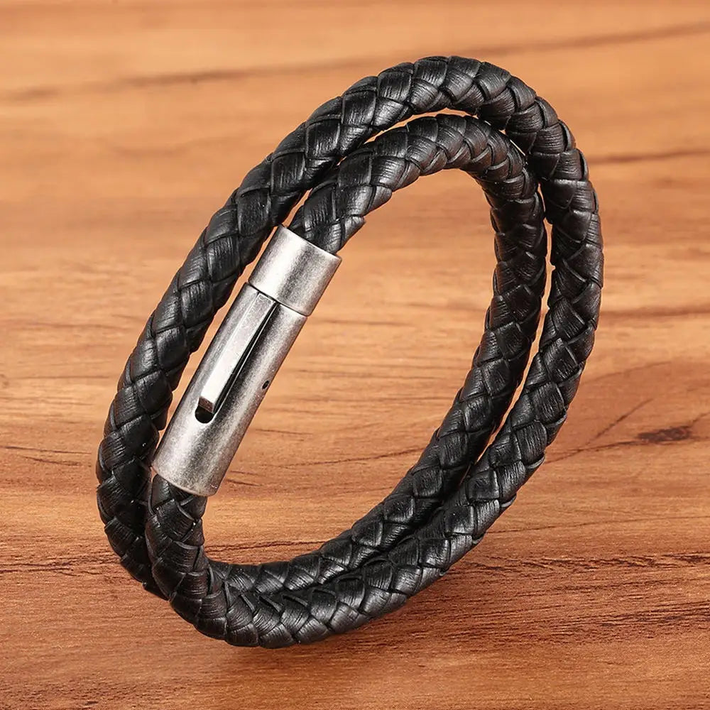 XQNI Perfect Design Double Layer Vintage Steel Buckle Geometric Braid 6mm Leather Bracelet Men Women Fashion Birthday Gift