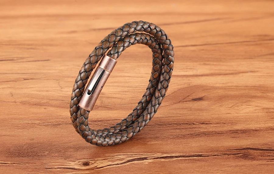 XQNI Perfect Design Double Layer Vintage Steel Buckle Geometric Braid 6mm Leather Bracelet Men Women Fashion Birthday Gift