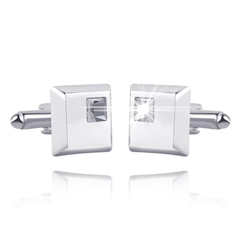 A Pair High Quality Trendy Silver Color Square Cufflinks Classic Men Luxury Blue White Crystal Cuff Links French Shirt Cufflink