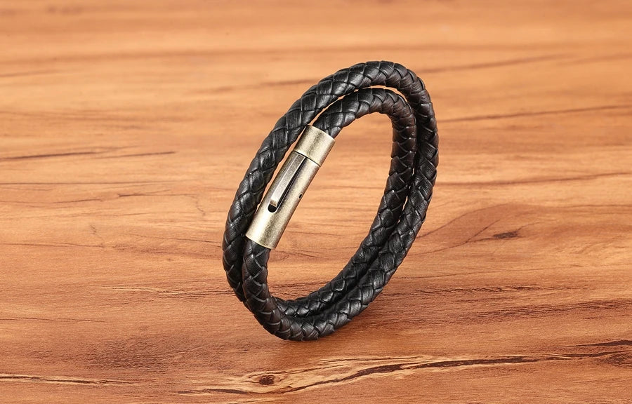 XQNI Perfect Design Double Layer Vintage Steel Buckle Geometric Braid 6mm Leather Bracelet Men Women Fashion Birthday Gift