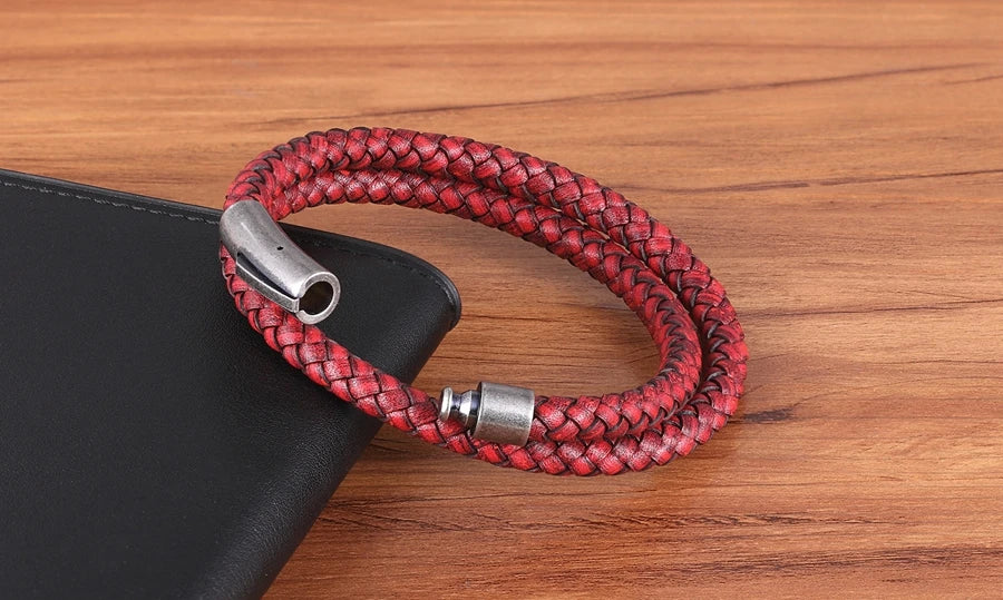 XQNI Perfect Design Double Layer Vintage Steel Buckle Geometric Braid 6mm Leather Bracelet Men Women Fashion Birthday Gift