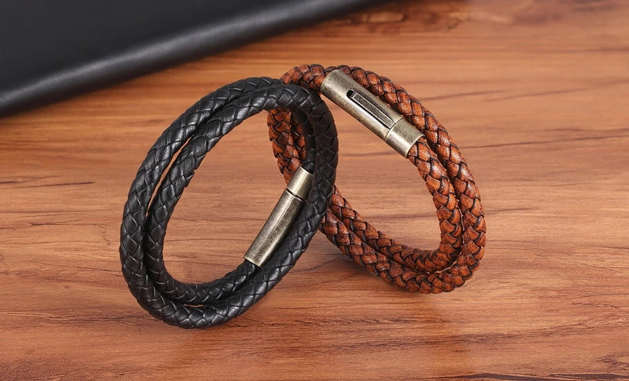 XQNI Perfect Design Double Layer Vintage Steel Buckle Geometric Braid 6mm Leather Bracelet Men Women Fashion Birthday Gift