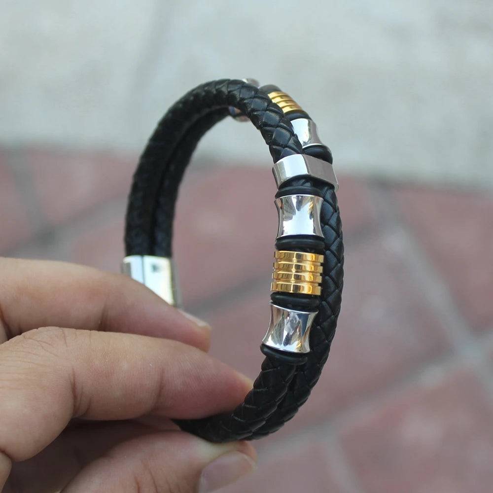 TYO Vintage Stainless Steel Wire Leather Male Bracelets Bangles For Men Double Layer Geometric Pattern Combination Bracelets