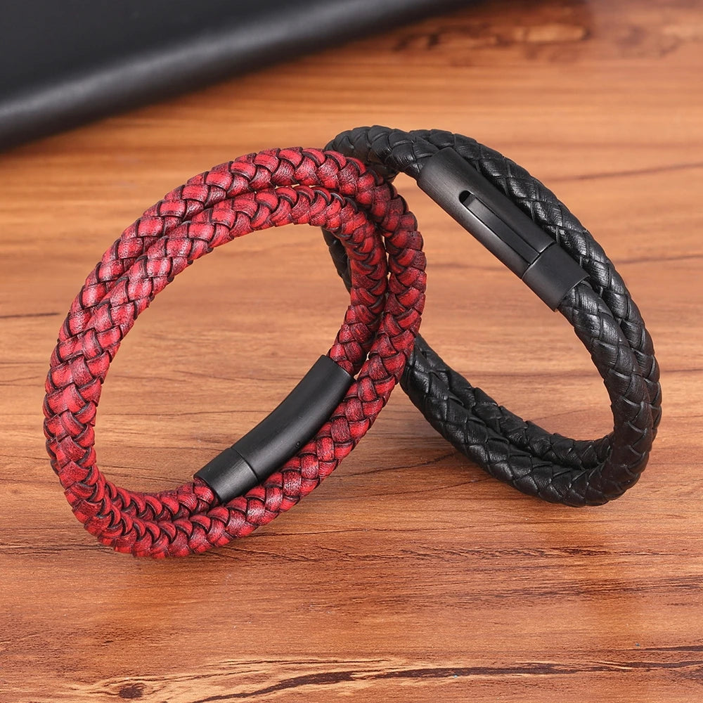 XQNI Perfect Design Double Layer Vintage Steel Buckle Geometric Braid 6mm Leather Bracelet Men Women Fashion Birthday Gift