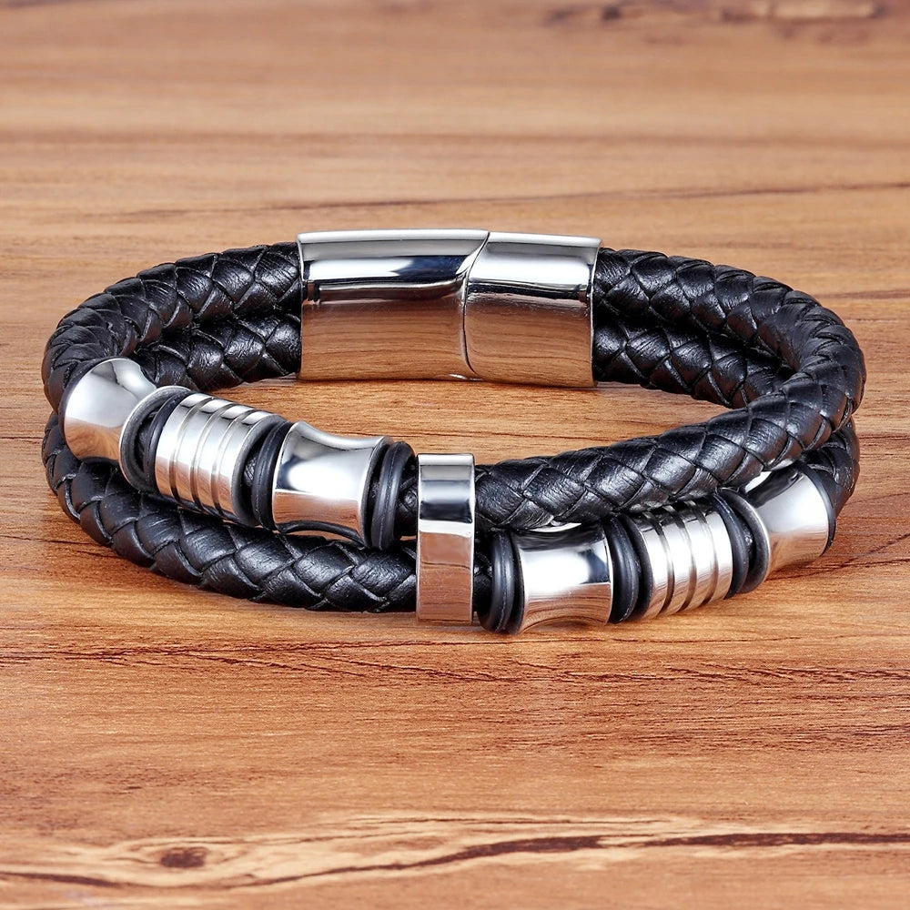 TYO Vintage Stainless Steel Wire Leather Male Bracelets Bangles For Men Double Layer Geometric Pattern Combination Bracelets