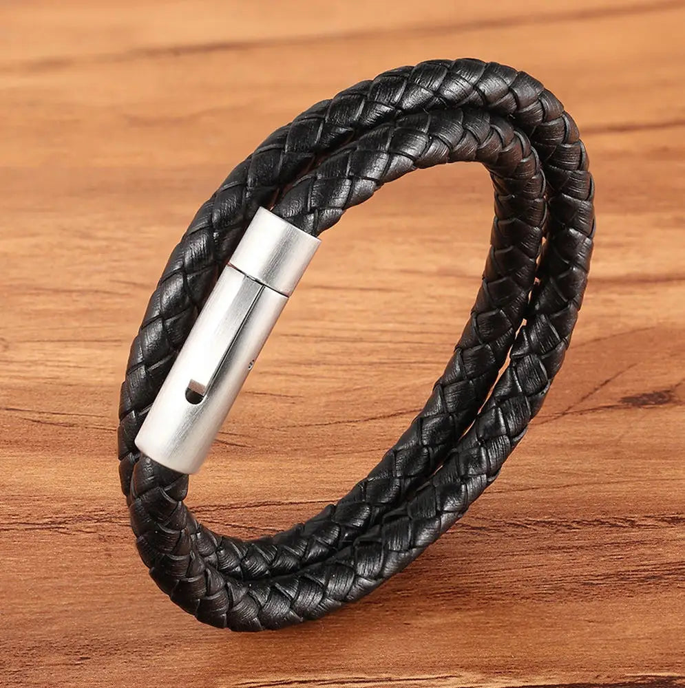 XQNI Perfect Design Double Layer Vintage Steel Buckle Geometric Braid 6mm Leather Bracelet Men Women Fashion Birthday Gift