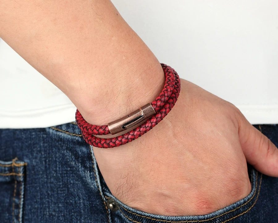 XQNI Perfect Design Double Layer Vintage Steel Buckle Geometric Braid 6mm Leather Bracelet Men Women Fashion Birthday Gift