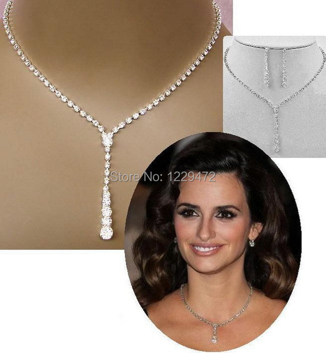 TREAZY Silver Plated Celebrity Style Drop Crystal Necklace Earrings Set Bridal Bridesmaid Wedding Jewelry Sets