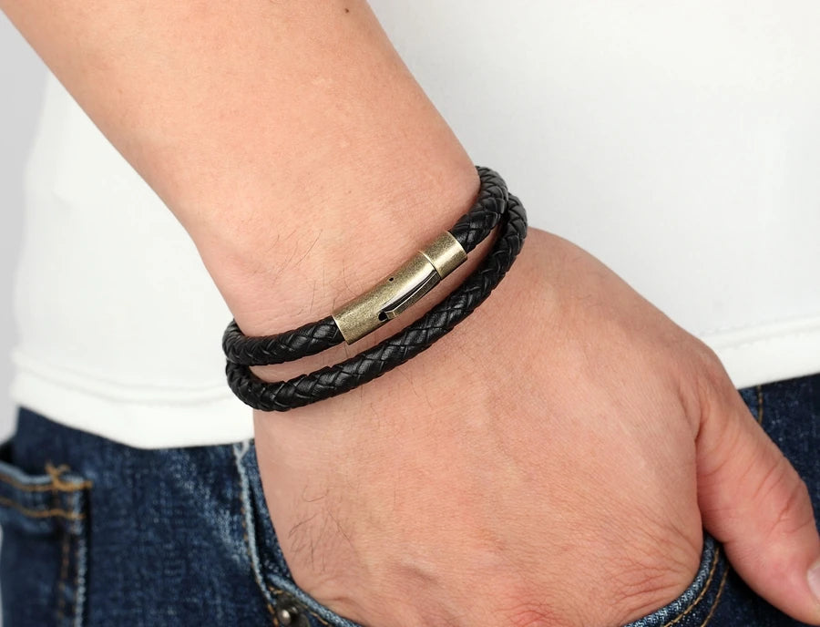 XQNI Perfect Design Double Layer Vintage Steel Buckle Geometric Braid 6mm Leather Bracelet Men Women Fashion Birthday Gift