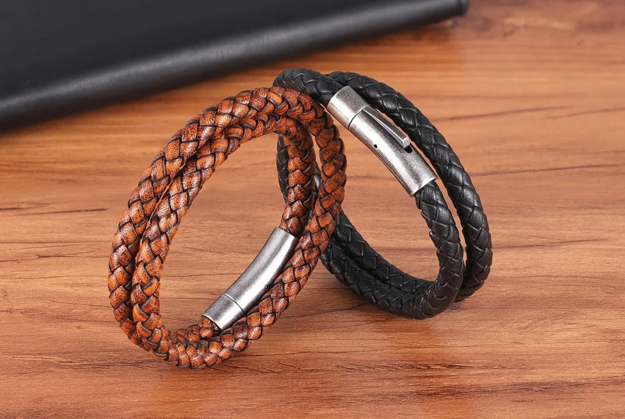XQNI Perfect Design Double Layer Vintage Steel Buckle Geometric Braid 6mm Leather Bracelet Men Women Fashion Birthday Gift