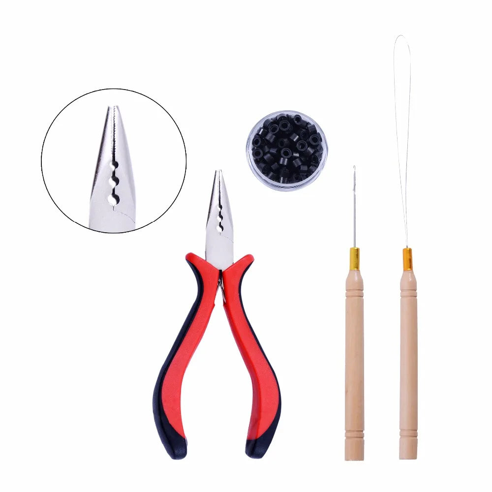 1 set one bag 200pcs 5mm Micro Links/Beads+2 pcs Pulling Needle+1pc 3 holes plier Hair Extensions Tool kit