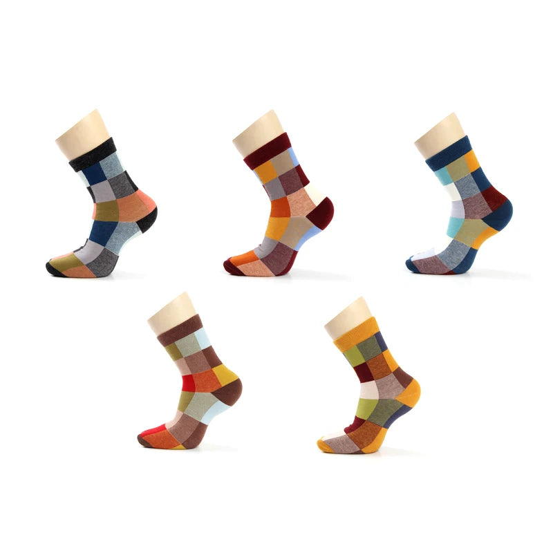 5 Pairs/Lot Combed Cotton Men's Socks Compression Socks Fashion Colorful Square Happy Dress Socks Men Size 39-45 Viralgem Store