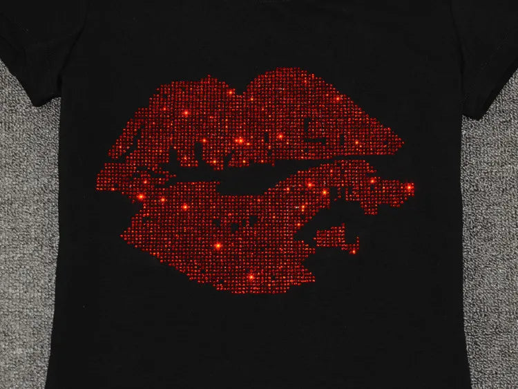 Top Selling t shirt women Summer Short Sleeve Feminine Fashion Sexy Lip Crystal T-shirt O Neck Soft Cotton Ladies Tee shirt Viralgem Store