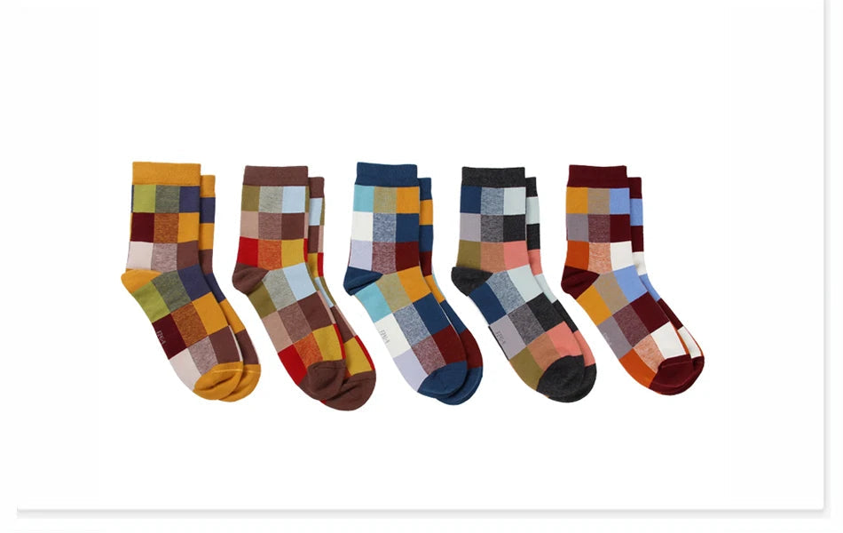 5 Pairs/Lot Combed Cotton Men's Socks Compression Socks Fashion Colorful Square Happy Dress Socks Men Size 39-45 Viralgem Store