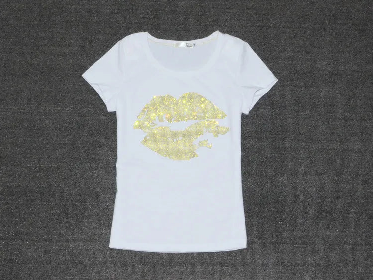 Top Selling t shirt women Summer Short Sleeve Feminine Fashion Sexy Lip Crystal T-shirt O Neck Soft Cotton Ladies Tee shirt Viralgem Store