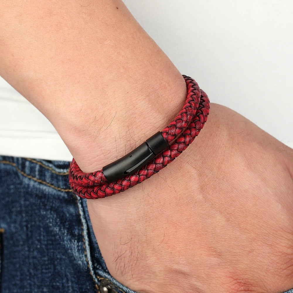 XQNI Perfect Design Double Layer Vintage Steel Buckle Geometric Braid 6mm Leather Bracelet Men Women Fashion Birthday Gift