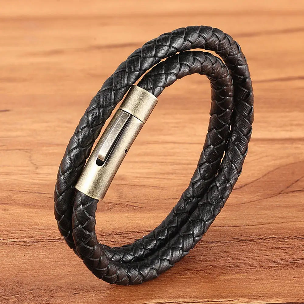 XQNI Perfect Design Double Layer Vintage Steel Buckle Geometric Braid 6mm Leather Bracelet Men Women Fashion Birthday Gift