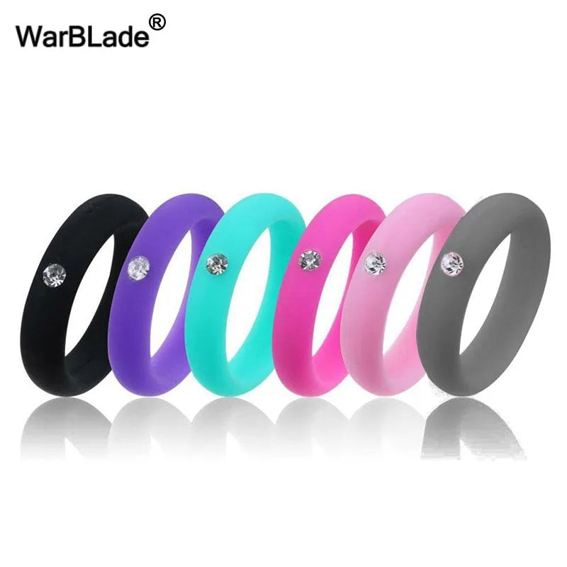 4-9 size Food Grade FDA Silicone Ring Hypoallergenic Crossfit Flexible Rubber Finger Rings With Rhinestone For Women Wedding 5mm