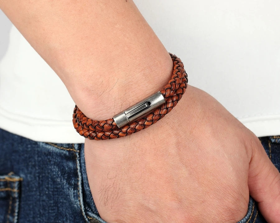 XQNI Perfect Design Double Layer Vintage Steel Buckle Geometric Braid 6mm Leather Bracelet Men Women Fashion Birthday Gift