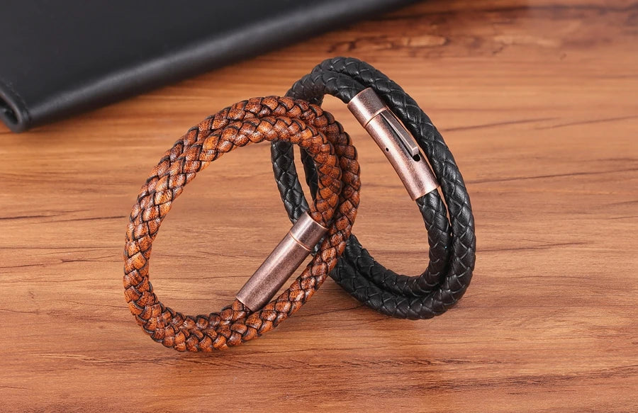 XQNI Perfect Design Double Layer Vintage Steel Buckle Geometric Braid 6mm Leather Bracelet Men Women Fashion Birthday Gift