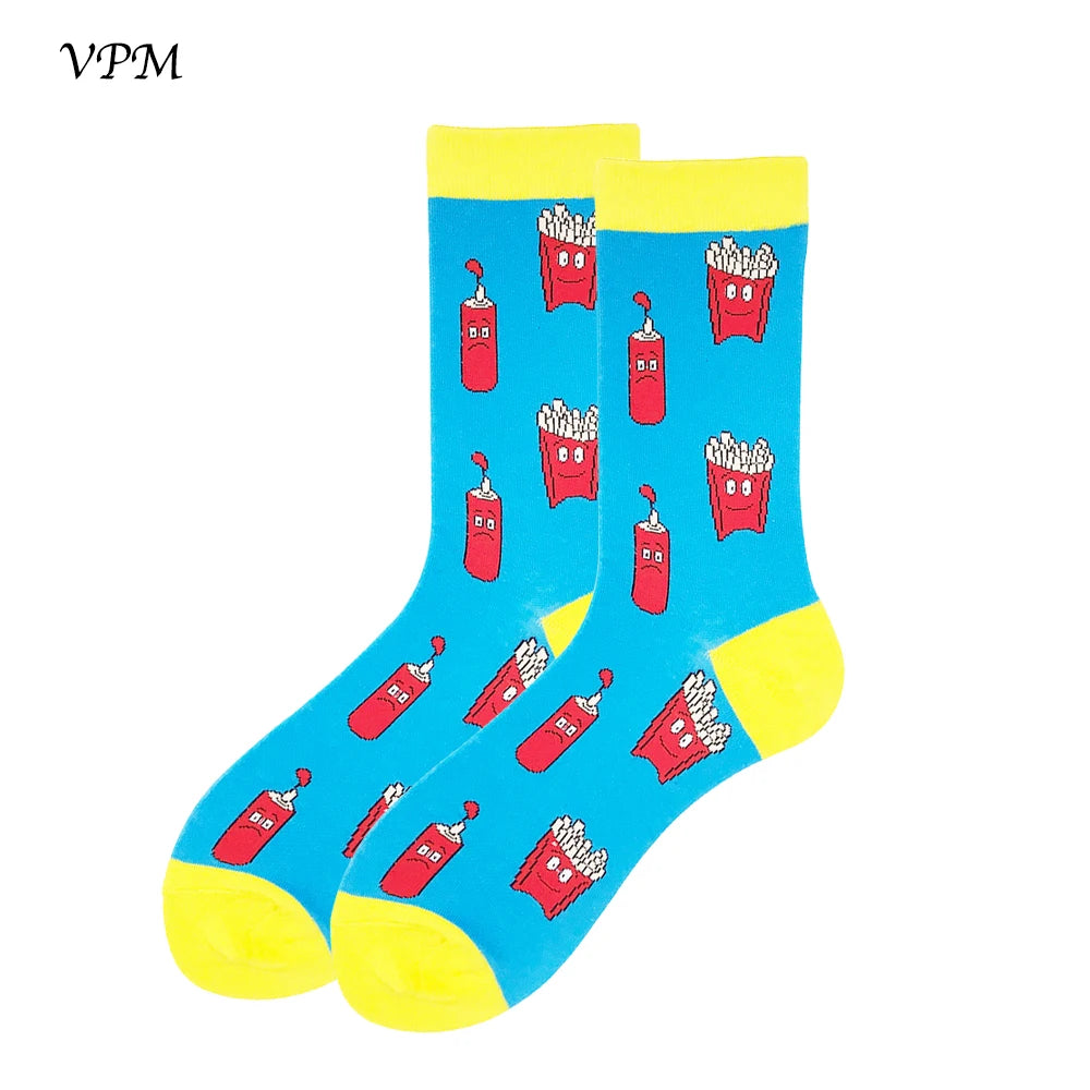 VPM Two Big Size Women&Men's Socks 85% Cotton Colorful Funny Harajuku Egg Flamingos Alien Sushi Tooth Poo Hamburger Sock Viralgem Store