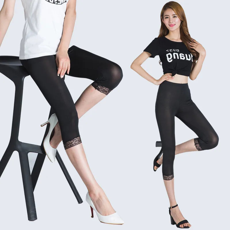 Thin Lace Short Leggings Summer Jeggings Women Pants Bodycon Cropped Capris Skinny Legging Black White Push Up Trousers Elastic