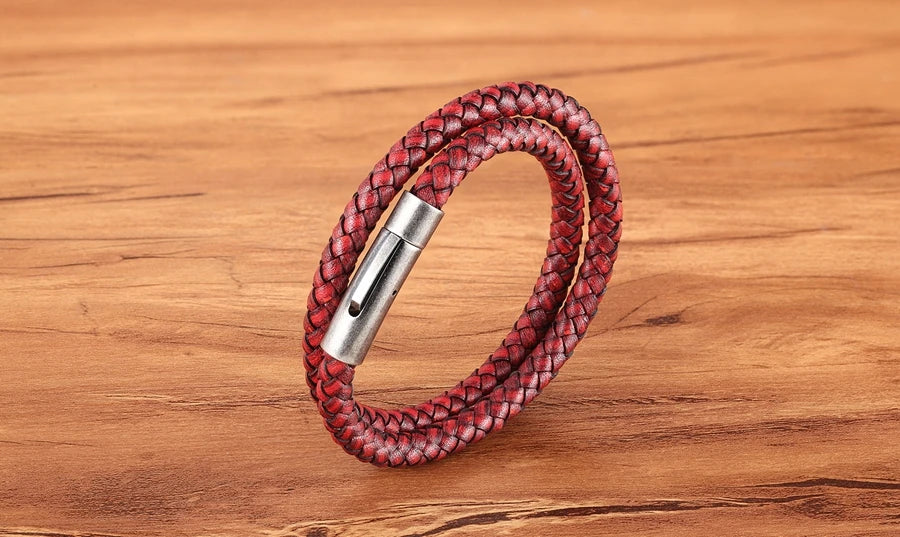 XQNI Perfect Design Double Layer Vintage Steel Buckle Geometric Braid 6mm Leather Bracelet Men Women Fashion Birthday Gift