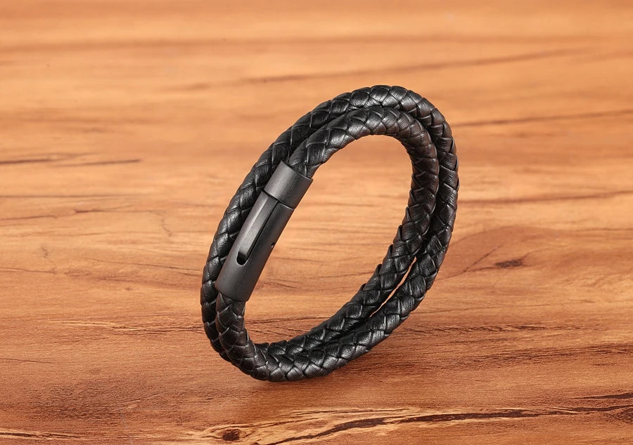 XQNI Perfect Design Double Layer Vintage Steel Buckle Geometric Braid 6mm Leather Bracelet Men Women Fashion Birthday Gift