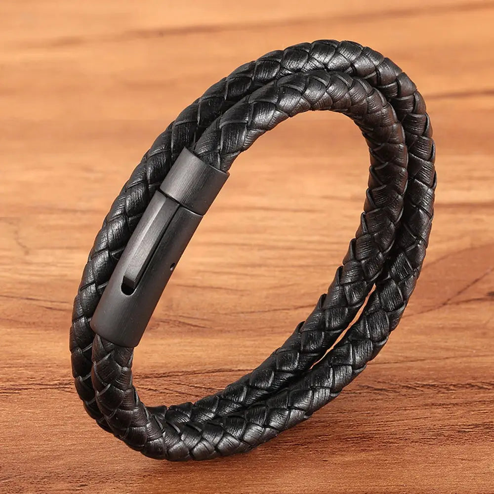 XQNI Perfect Design Double Layer Vintage Steel Buckle Geometric Braid 6mm Leather Bracelet Men Women Fashion Birthday Gift
