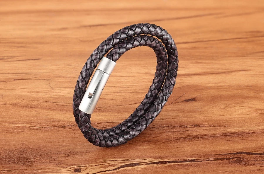 XQNI Perfect Design Double Layer Vintage Steel Buckle Geometric Braid 6mm Leather Bracelet Men Women Fashion Birthday Gift