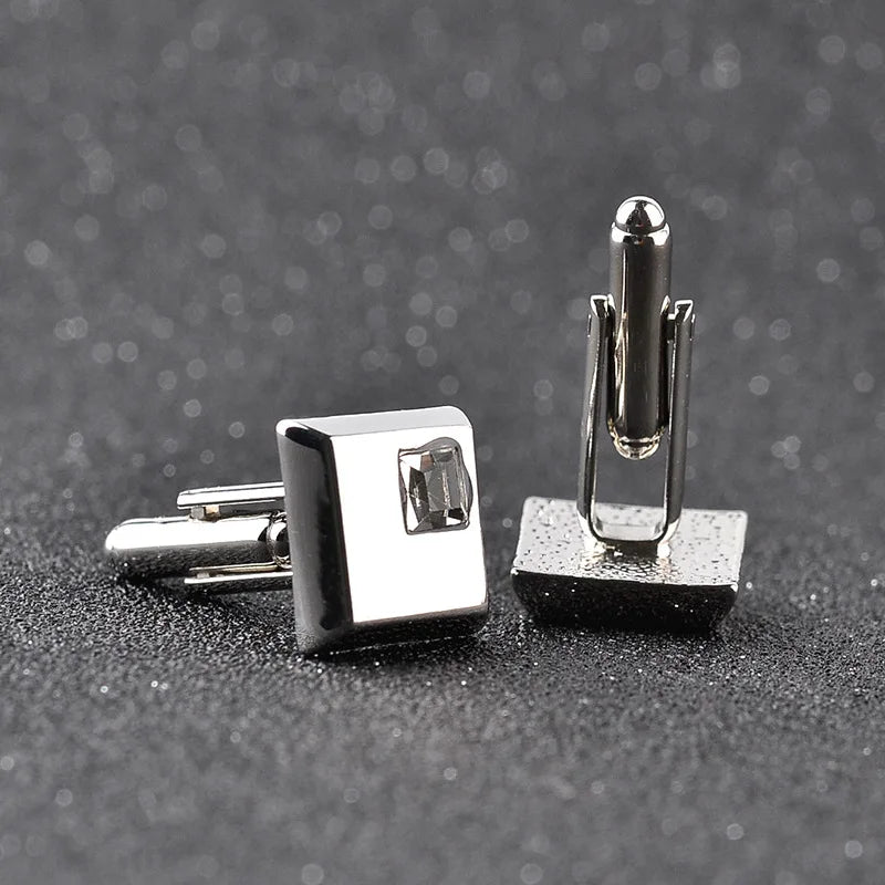 A Pair High Quality Trendy Silver Color Square Cufflinks Classic Men Luxury Blue White Crystal Cuff Links French Shirt Cufflink
