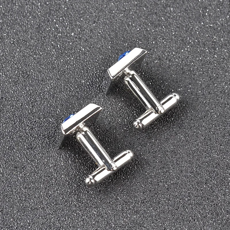 A Pair High Quality Trendy Silver Color Square Cufflinks Classic Men Luxury Blue White Crystal Cuff Links French Shirt Cufflink