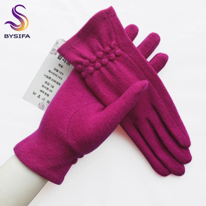 [BYSIFA] Winter Women Wool Gloves New Thick Warm Touch Screen Ladies Gloves Spring Autumn Soft  Elegant Hot Pink Mittens Gloves