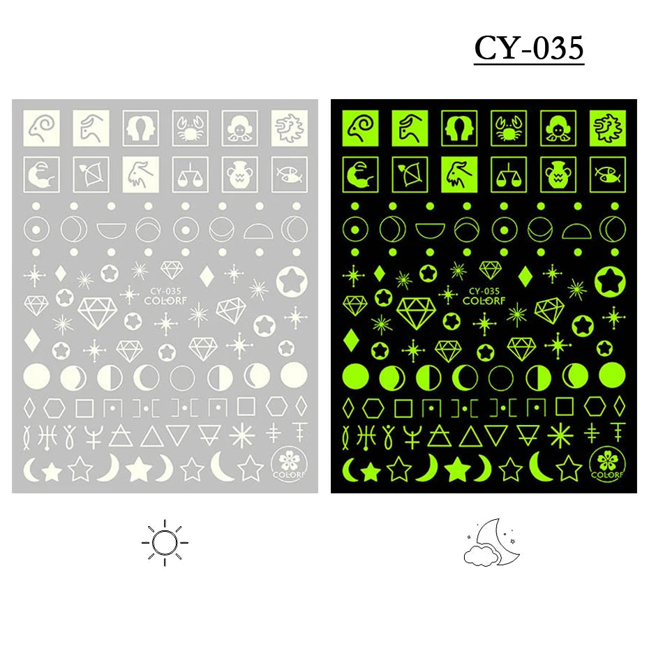 1pcs 3D Luminous Nail Stickers Flame Butterfly Star Moon Glitter Design Glow in The Dark Slider Manicure Decorations JICY028-036