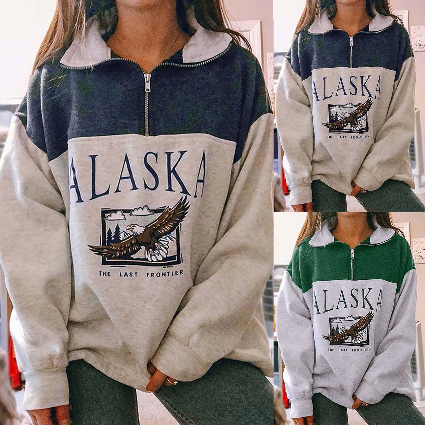Vintage Fashion Women Stand Collar Zipper Alaska Letter Printing Long Sleeve Sweatshirt Woman Casual Loose Hoodies Women 2021
