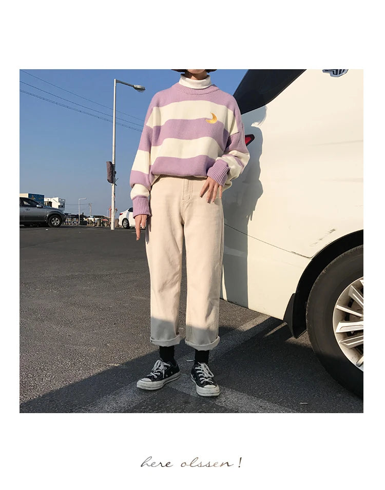 Women's Sweaters Kawaii Ulzzang College Candy Color Stripes Moon Sets Embroidery Sweater Female Harajuku Clothing For Women
