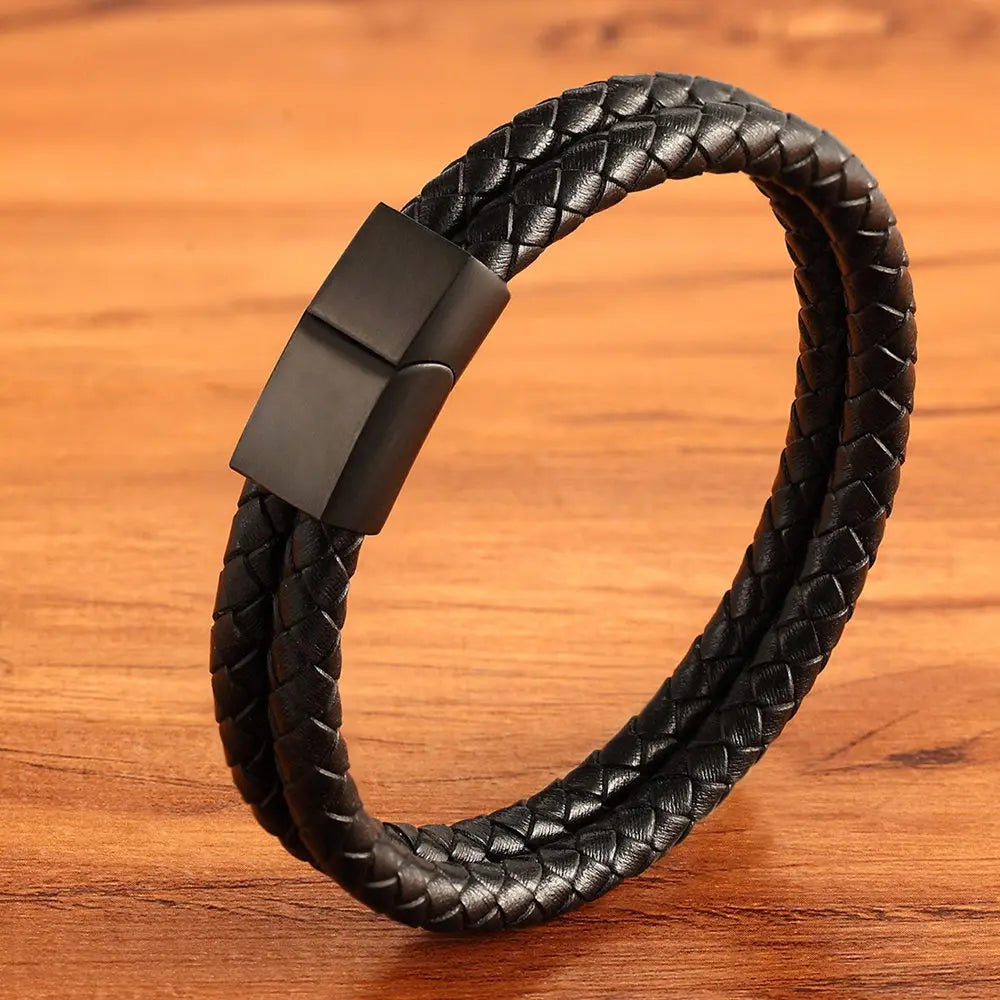 XQNI 11.11 Double Leather Combination Men's Stainless Steel Bracelet Three Color Button Selection Fashion Gift For Men Jewelry