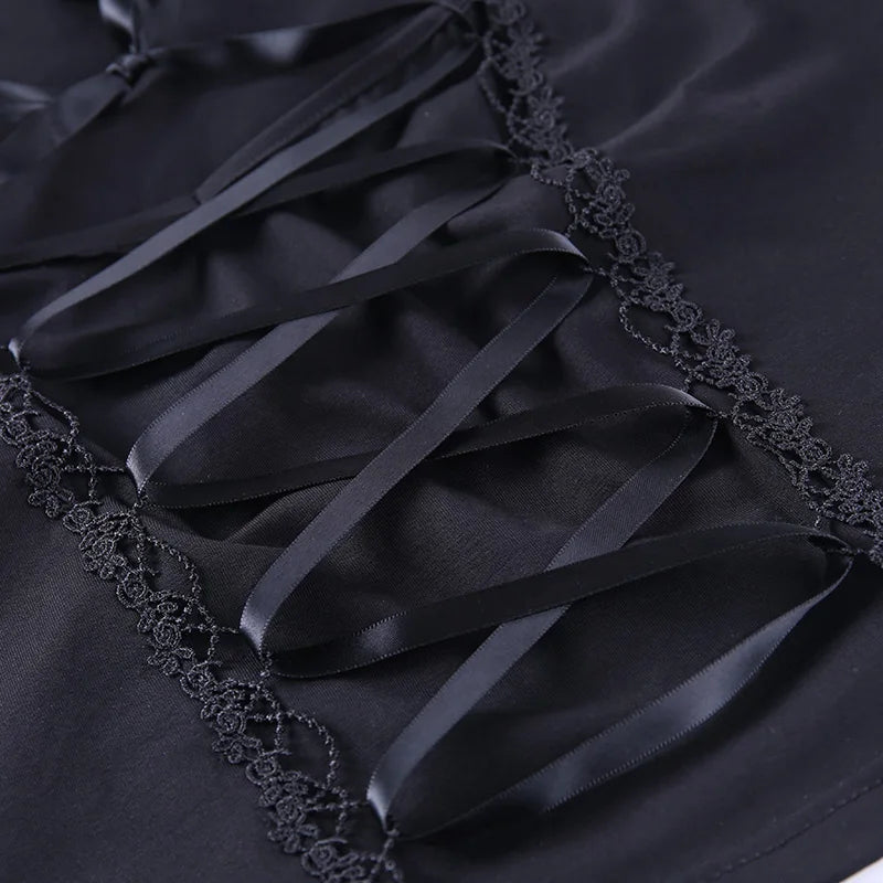 Vintage Tops Goth T-shirt Women Bodycon Bandage Lace Black T-shirts Gothic Streetwear Sexy Female Top Casual Mesh Tee Viralgem Store