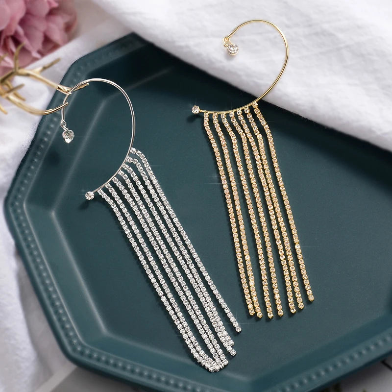 20Style Luxury Shiny Crystal Rhinestone Long Tassel Ear Cuff No Pierced Ear Clip Earrings For Women Wedding Korean Trend Jewelry Viralgem Store