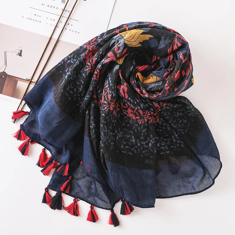2023 Women Fashion Small Polka Floral Tassel Viscose Shawl Scarf Print Voile Wrap Headband Bufandas Muslim Hijab Sjaal 125*125Cm
