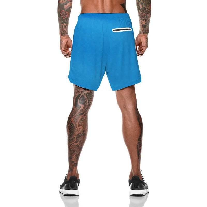 2024 European Men's Sports Summer New Double Layer Mobile Phone Pants Gym Exercise Jogging Training Shorts