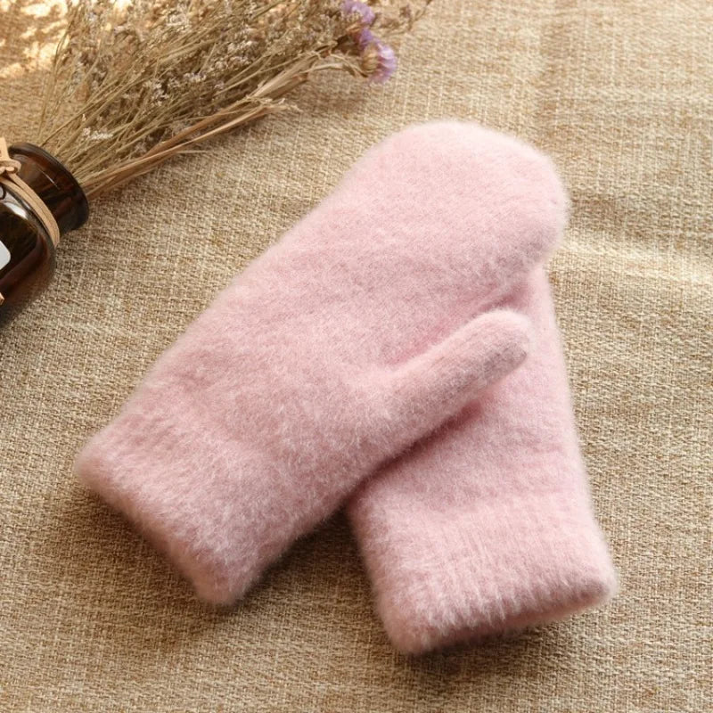 Women Winter Keep Warm Plus Cashmere Thicken Mink Fleece Solid Cute Lovely Outdoor Windproof Cycling Full Finger Mittens Gloves