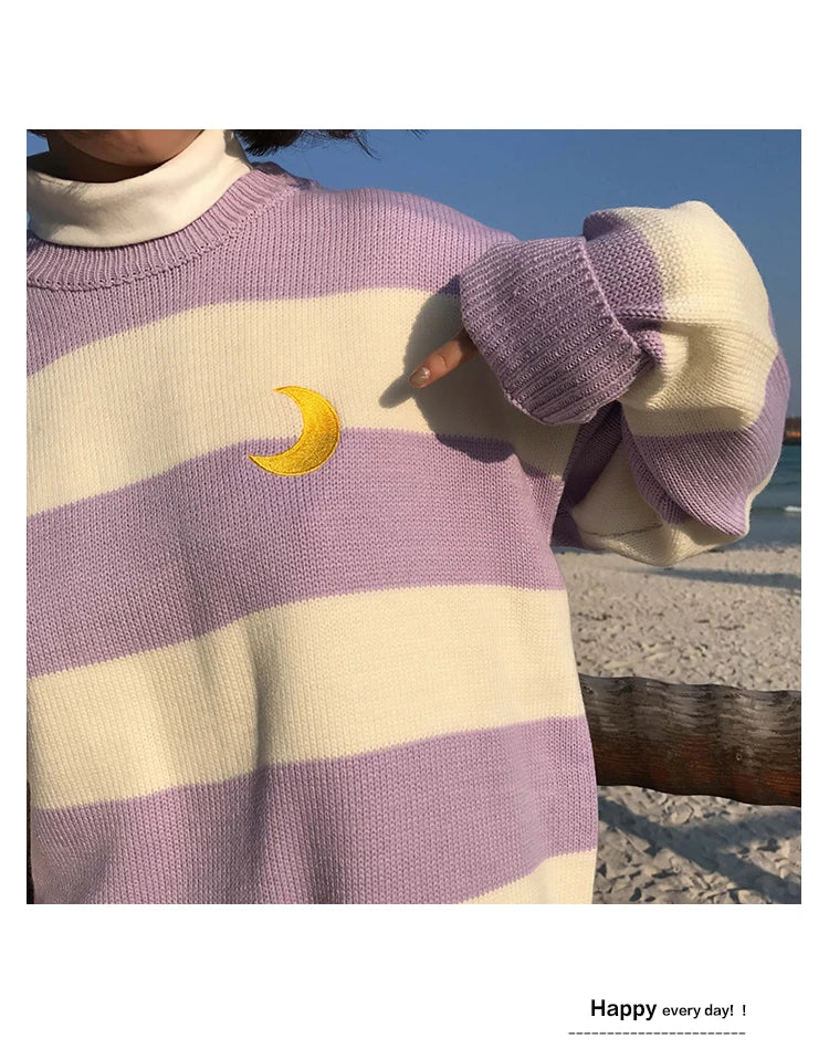 Women's Sweaters Kawaii Ulzzang College Candy Color Stripes Moon Sets Embroidery Sweater Female Harajuku Clothing For Women