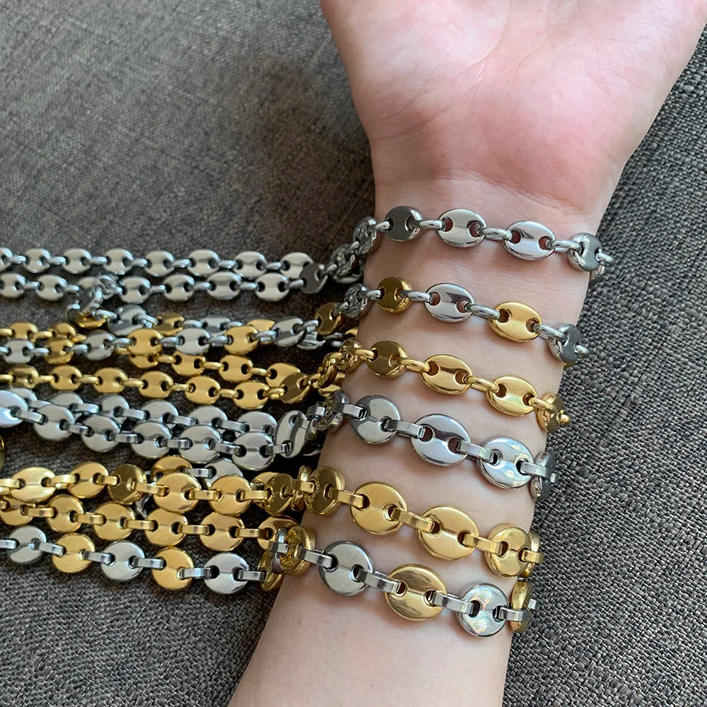 USENSET Coffee Bean Stainless Steel Bracelet Waterproof Link Chains 8-11MM Handmade Jewelry Gold Color Gifts 7-34inch