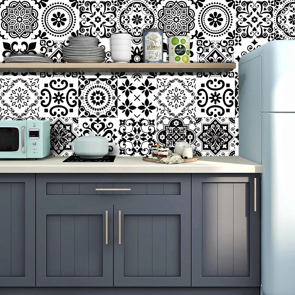 16pcs/set Black & White Tiles Sticker Kitchen Backsplash Wardrobe Bathroom Waterproof Peel & Stick Bright Film Art Wall Decals