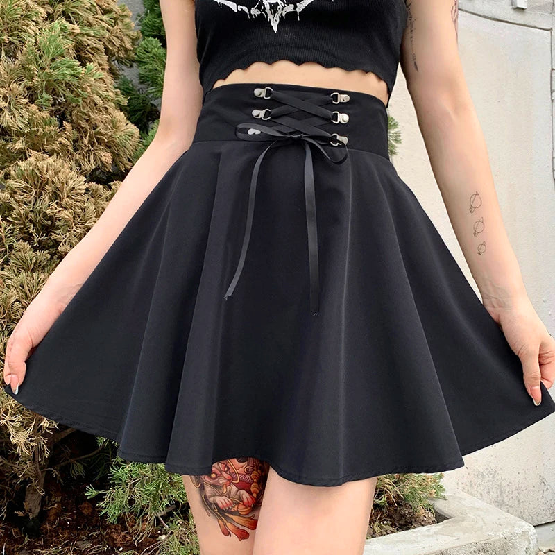 Women's Basic Versatile Flared Casual Mini Skater Skirt High Waisted School Goth Punk Black Skirt Harajuku