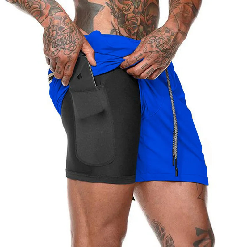 2024 European Men's Sports Summer New Double Layer Mobile Phone Pants Gym Exercise Jogging Training Shorts