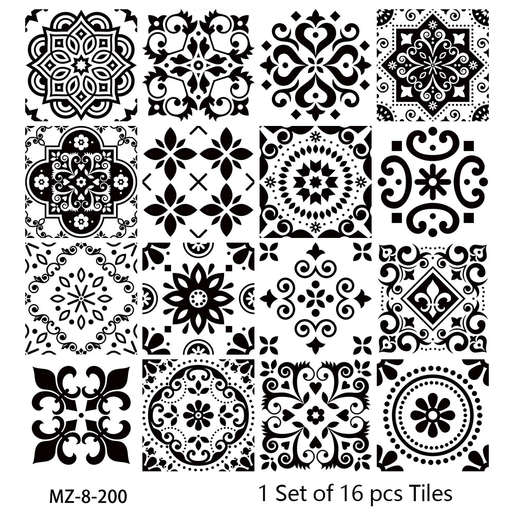 16pcs/set Black & White Tiles Sticker Kitchen Backsplash Wardrobe Bathroom Waterproof Peel & Stick Bright Film Art Wall Decals