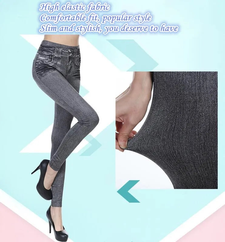 2023 Women's Spring and Summer Tight Imitation Jeans, Smart Slim Fashion, Large Tight Pants, False Pocket Women's Fitness Pants