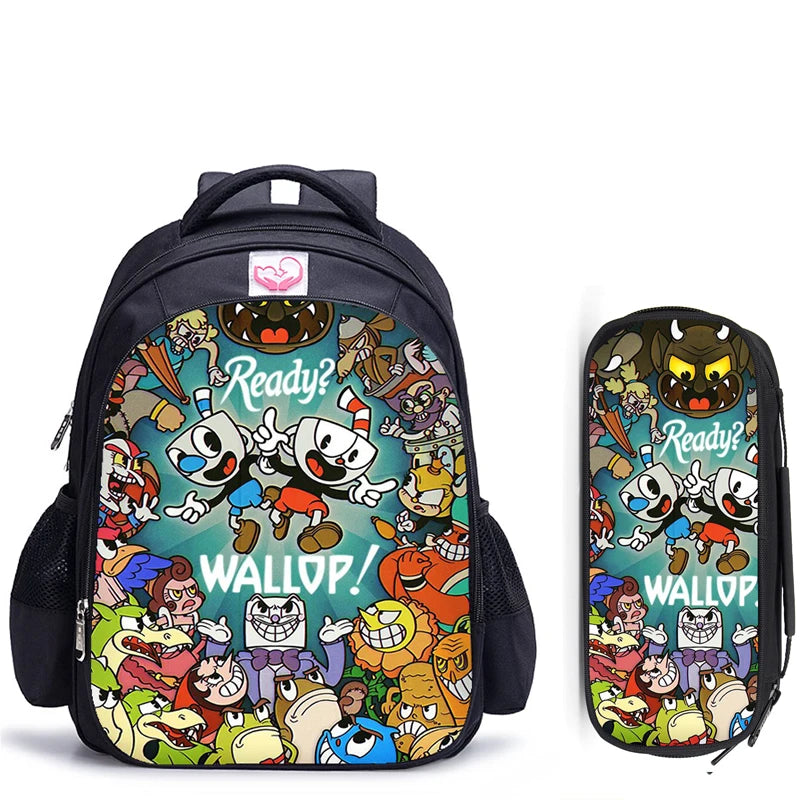 16 Inch Cuphead Game Mugman Children Backpack Lovely Schoolbag Boys and Girls Orthopedic Backpack Pencil Bag Sets